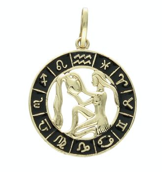 Złota zawieszka 585 znak zodiaku Wodnik z czarną emalią w kółku ZA 7310D.jpg